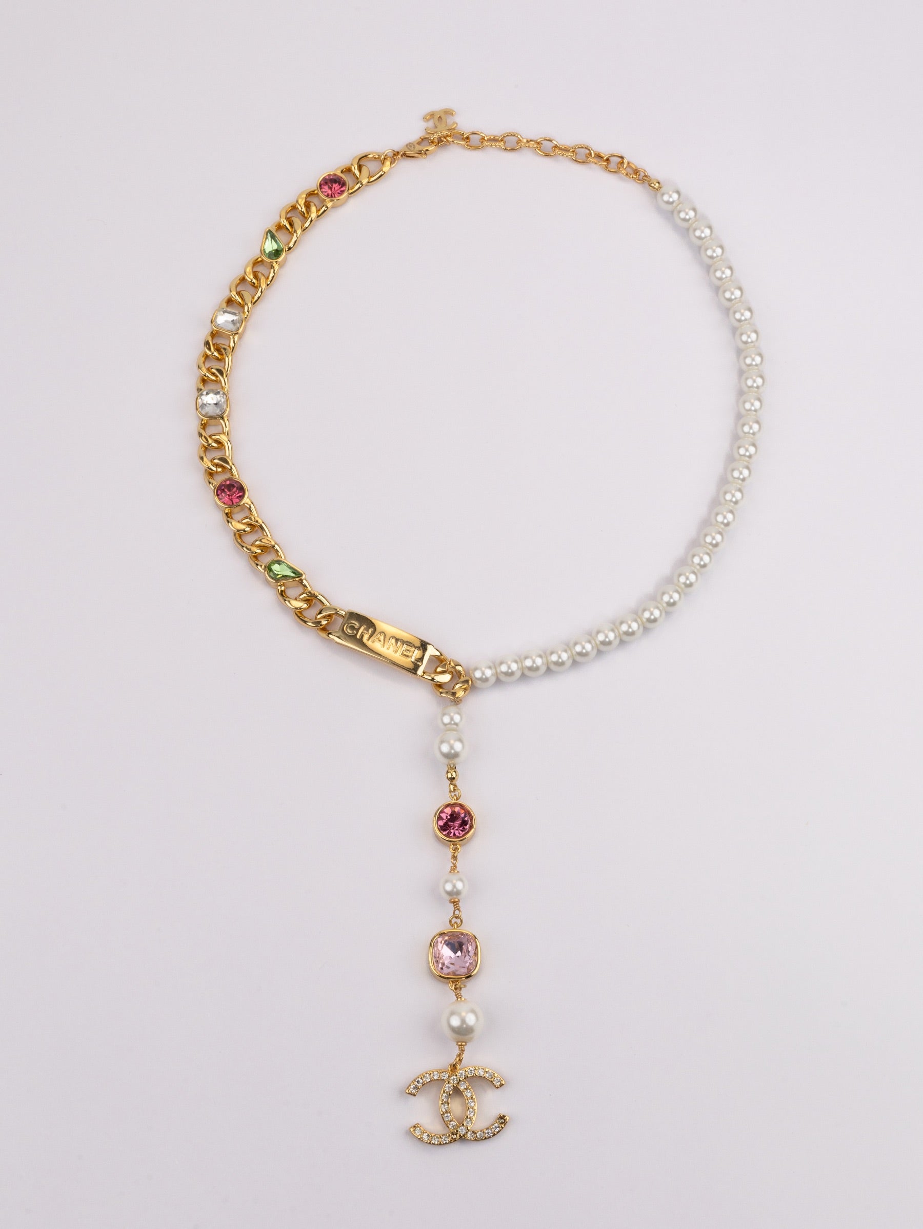 Half Gold and half Pearl Double C chain with mutlicolores stones and CZ