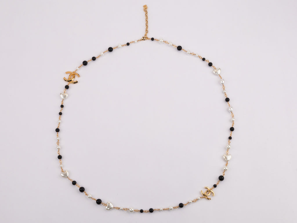 Gold Double C chain with Black beads, hearts and pearls