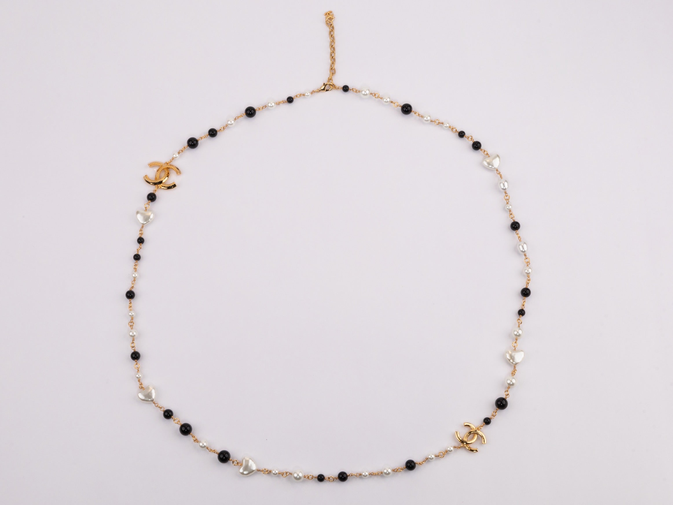 Gold Double C chain with Black beads, hearts and pearls