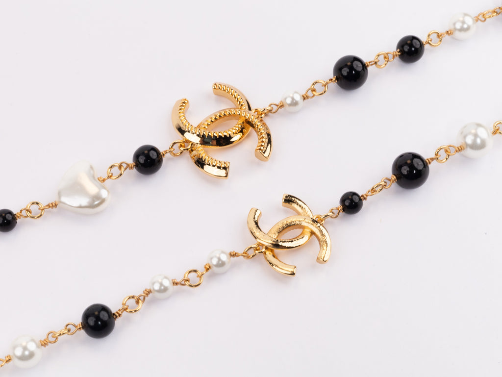 Gold Double C chain with Black beads, hearts and pearls