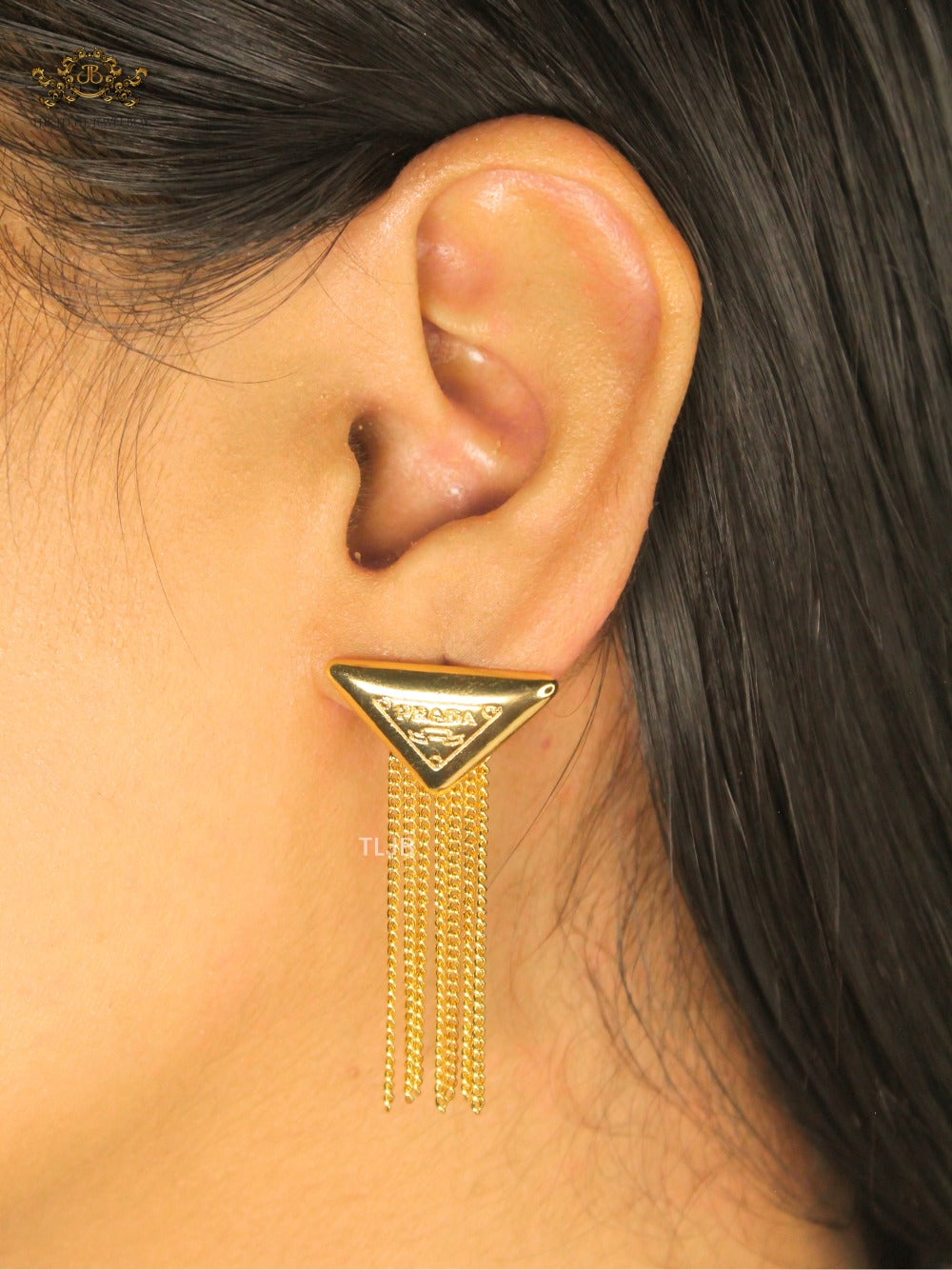Alphabet P triangle motif Chain Tassles gold earrings