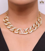 Alphabet V Chunky gold linked chain with CZ