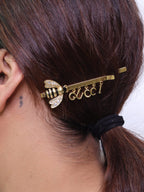 Gold-Plated, black and gold stripe bee hair pin with alphabet charms