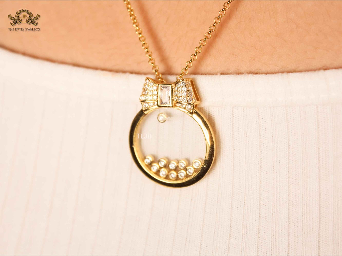 gold bow ringed happy diamond necklace CHPRD