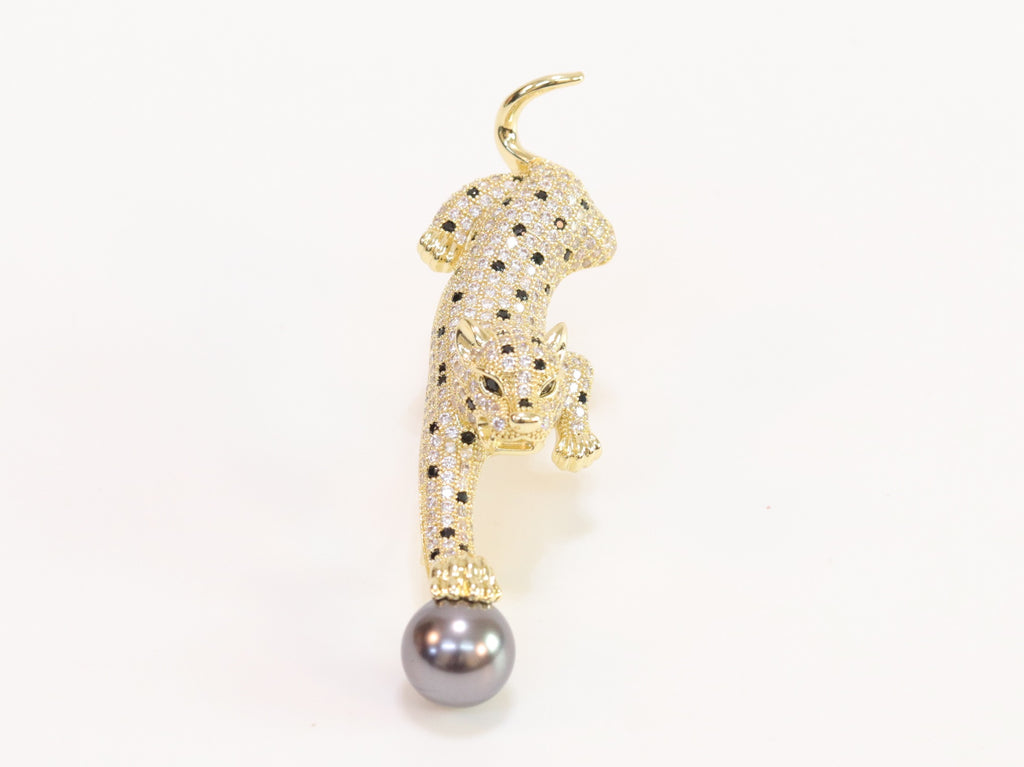 Gold panther with grey pearl and cz brooch
