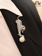 Platinum panther with white pearl and cz brooch
