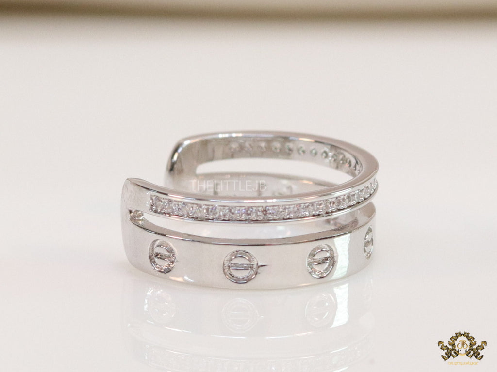 Double layered platinum plated finish open ring with screws and cz