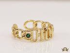Gold plated alphabet open ring with green cz