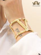 Alphabet V gold plated open bracelet