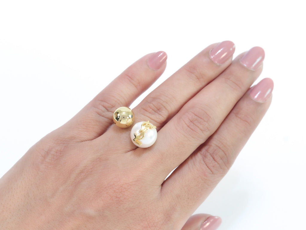 Alphabet gold open ring with white pearl