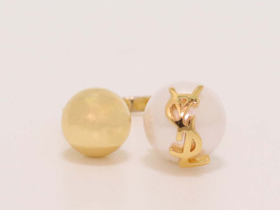 Alphabet gold open ring with white pearl