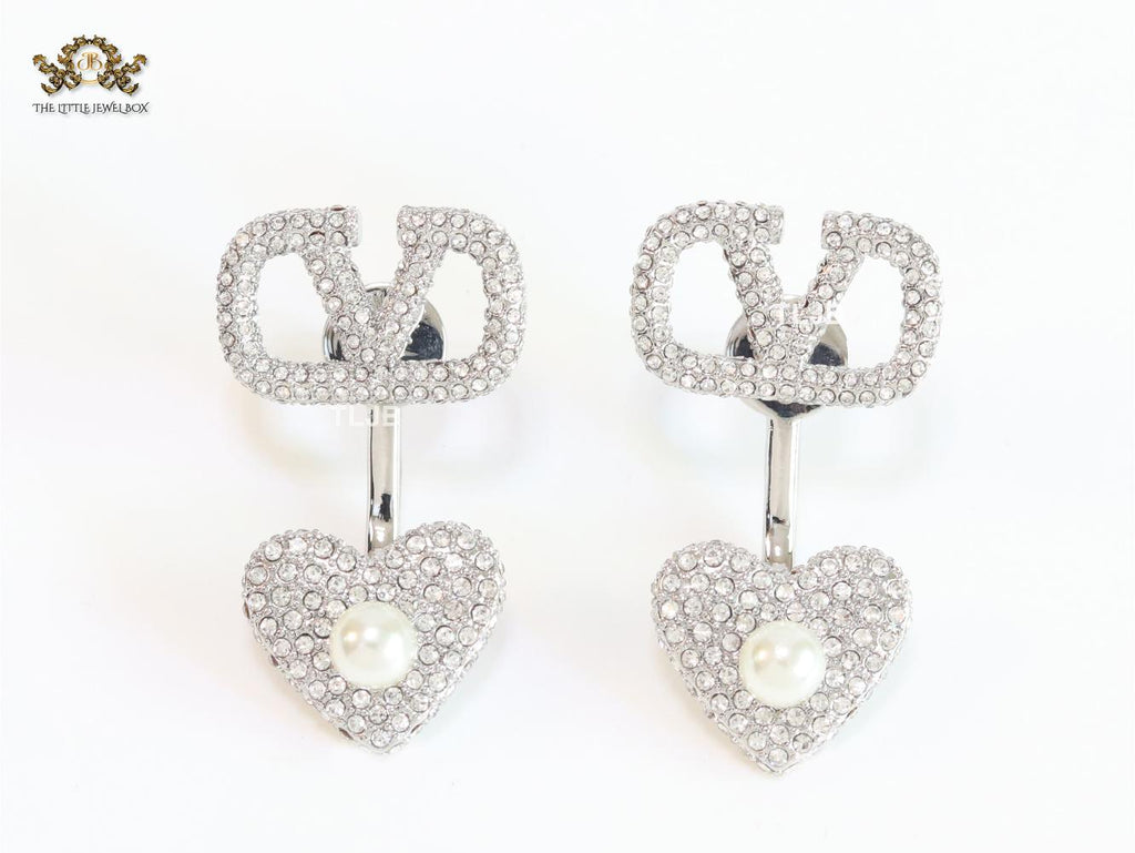 Open V detachable heart earrings - platinum