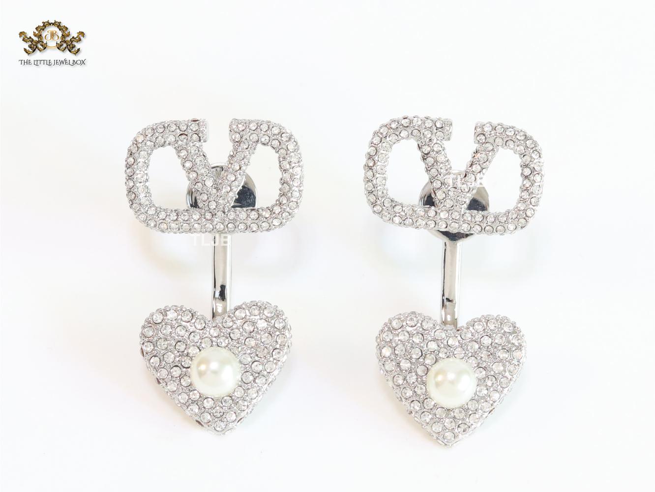 Open V detachable heart earrings - platinum