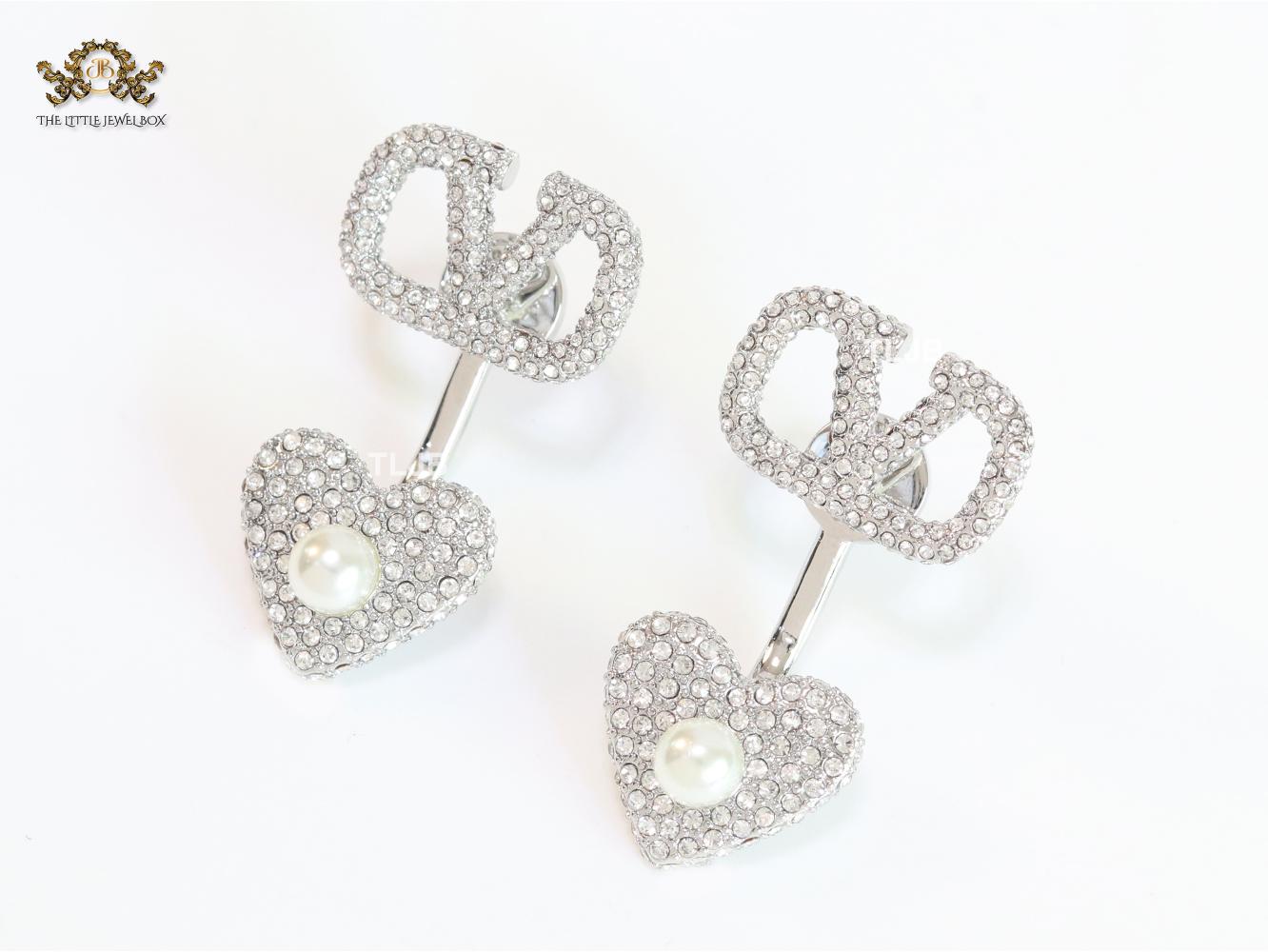 Open V detachable heart earrings - platinum