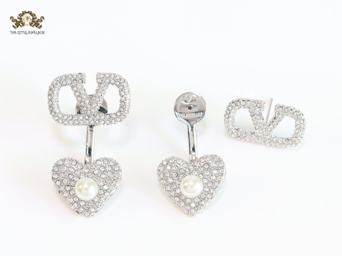 Open V detachable heart earrings - platinum