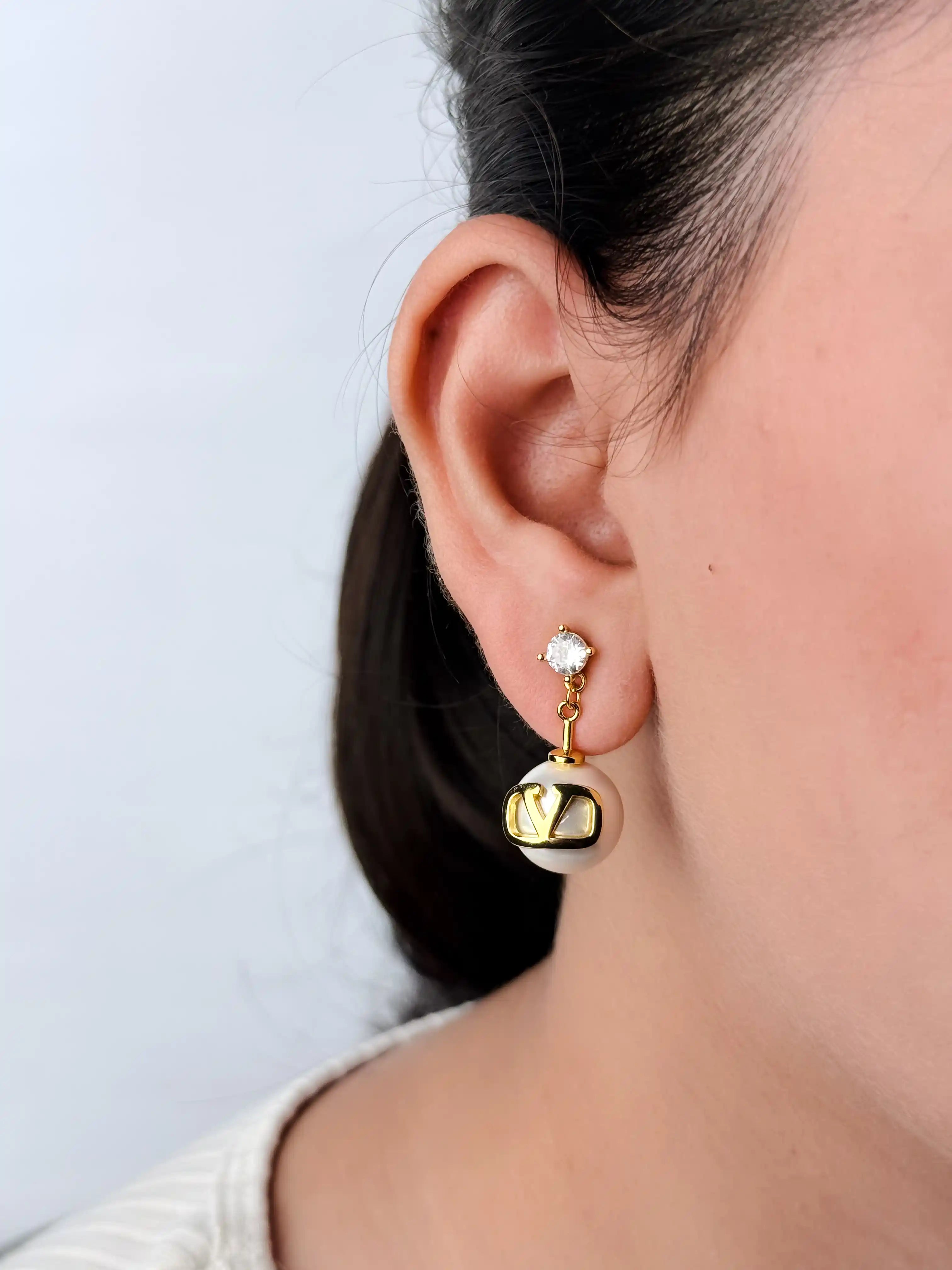 Alphabet V Pearl Drop Earrings