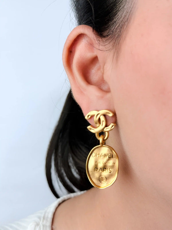 Gold double C Logo Drop Earrings with Paris Charm