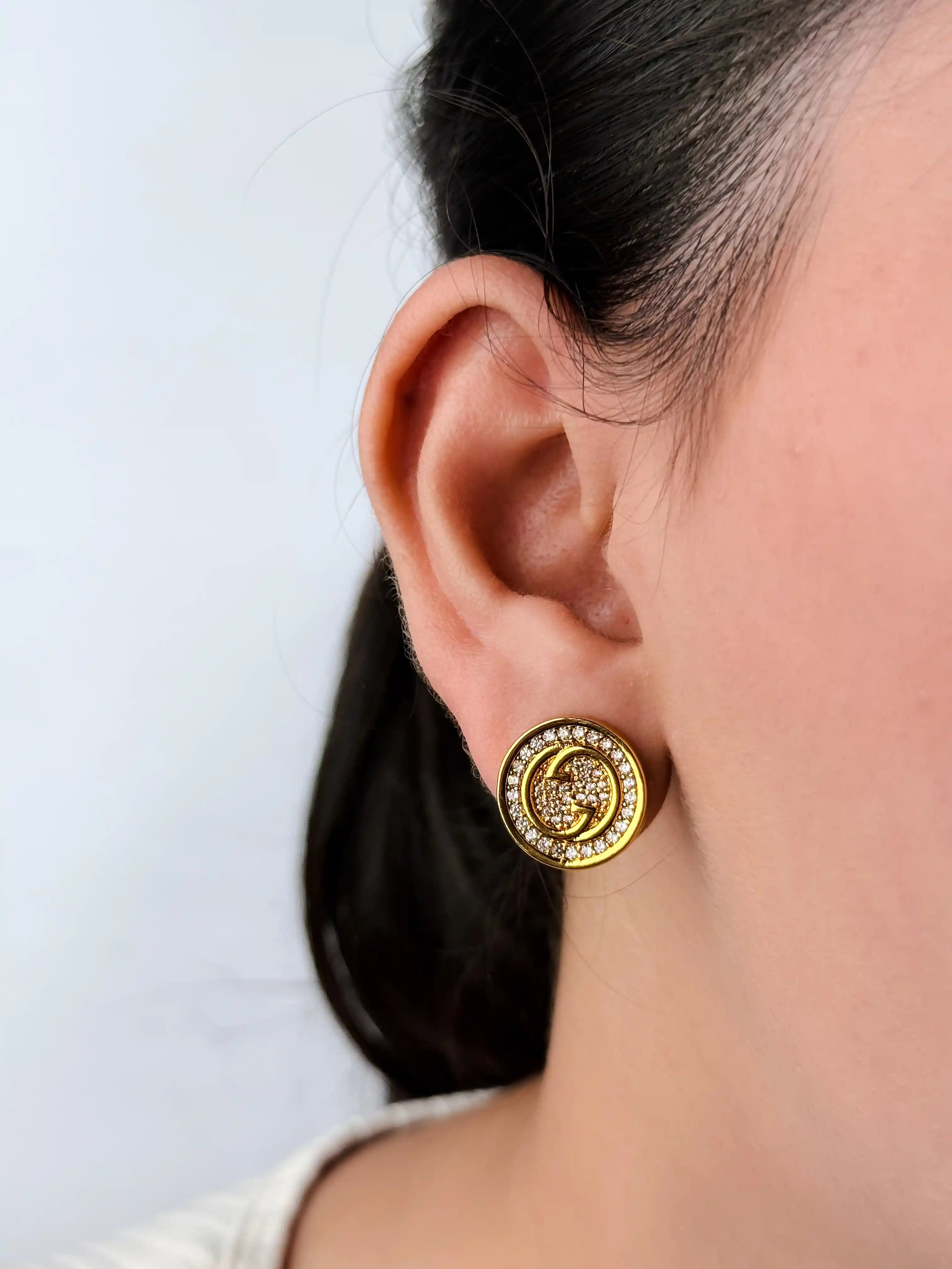 Gold Round Crystal Stud Earrings