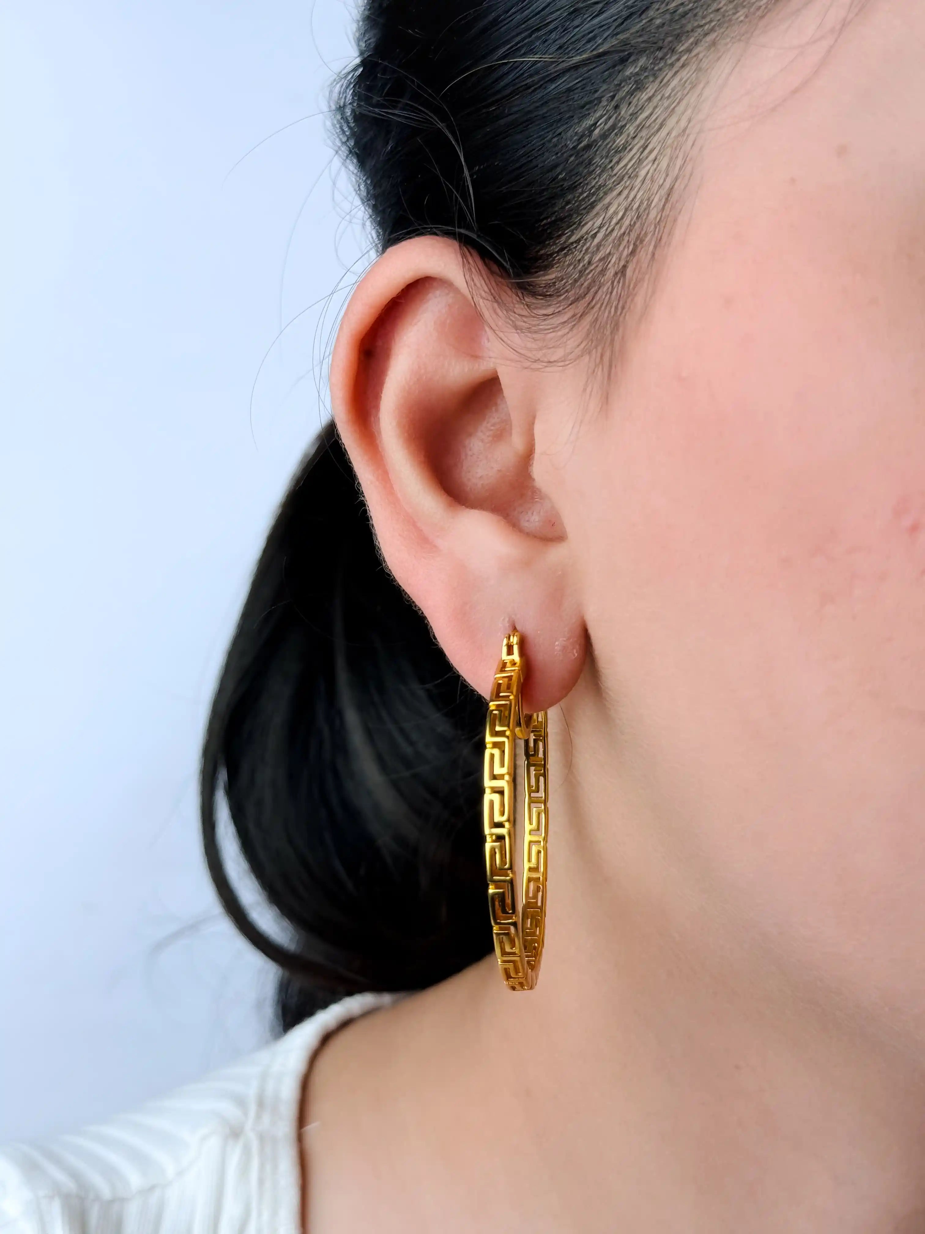 Gold Greek Key Pattern Hoop Earrings