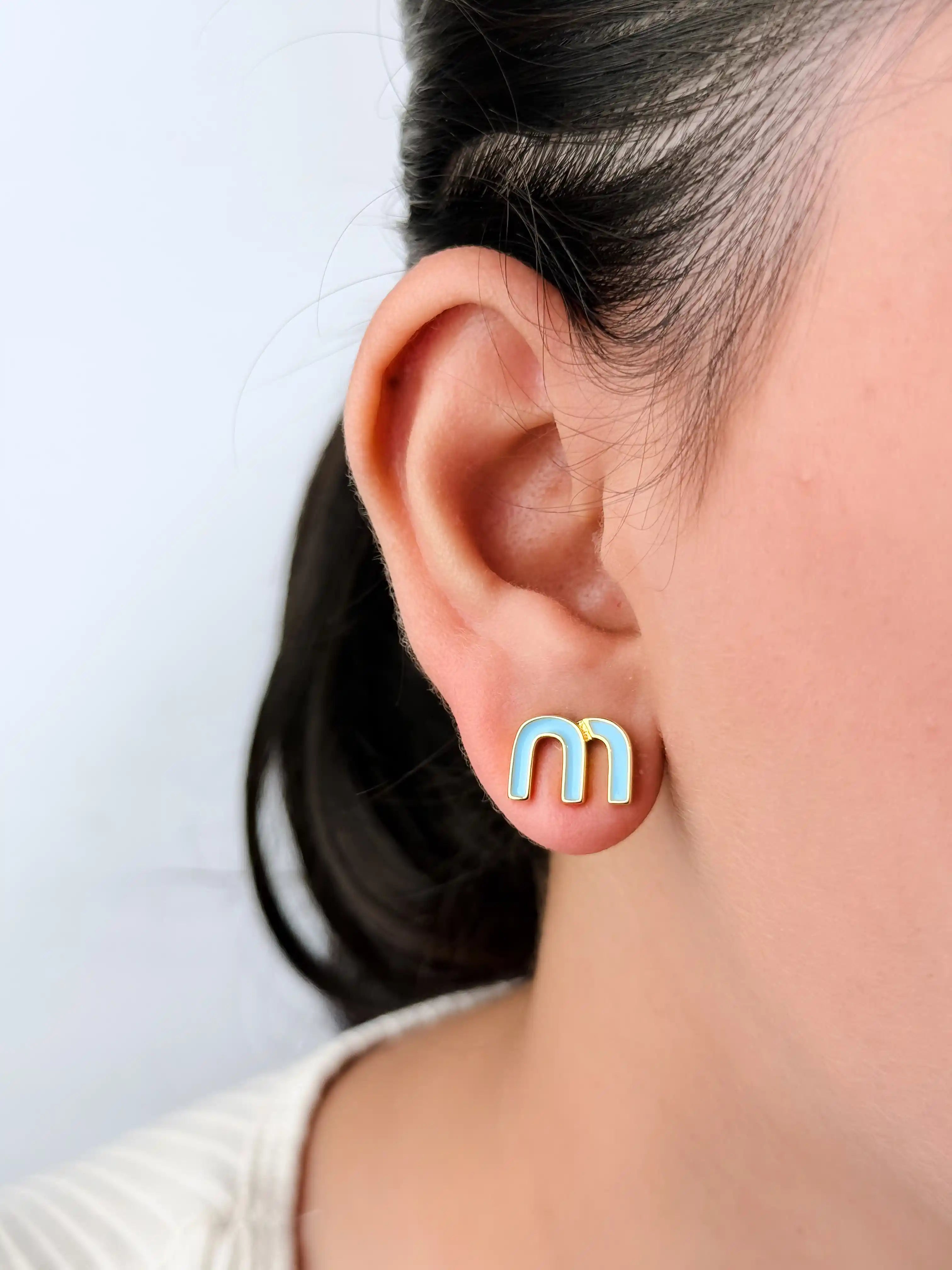 Sky Blue Alphabet M Stud Earrings