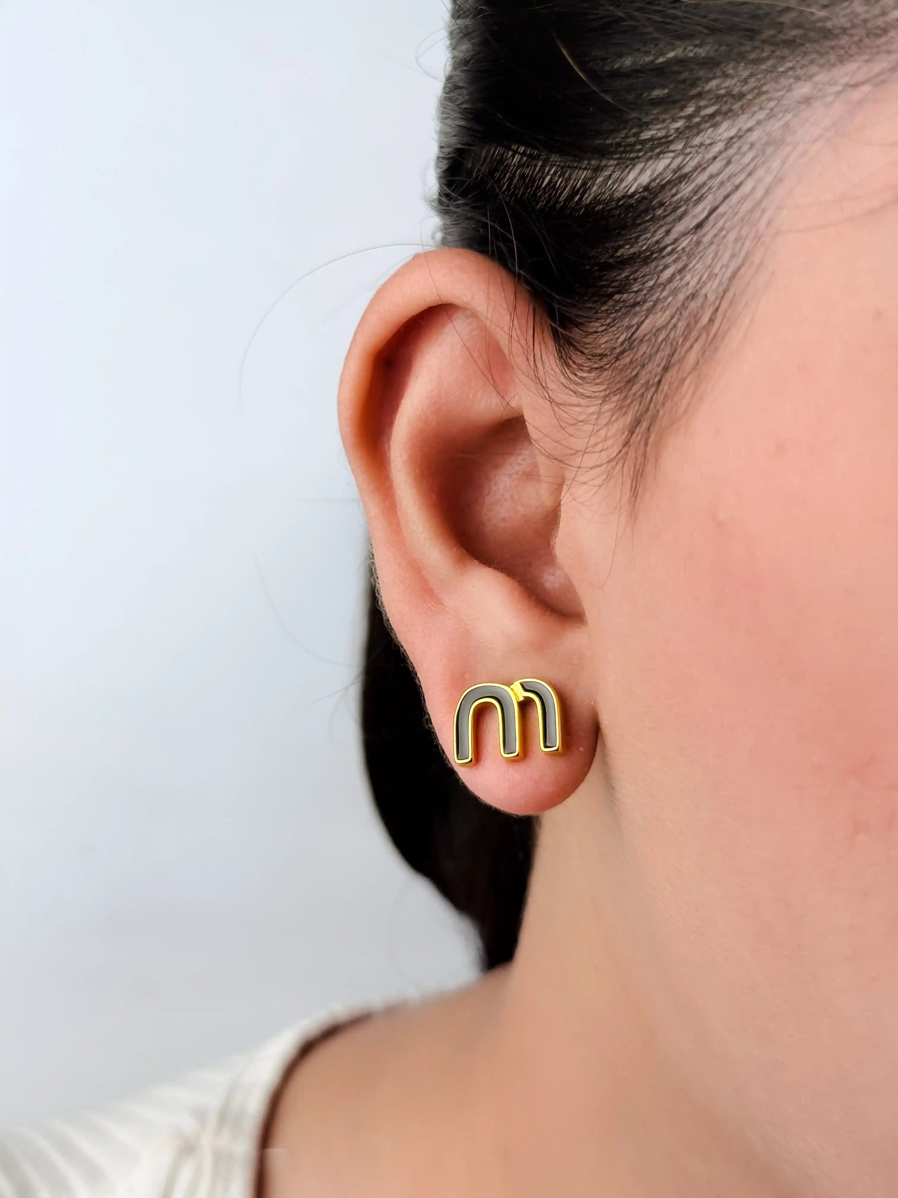 Black Alphabet M Stud Earrings