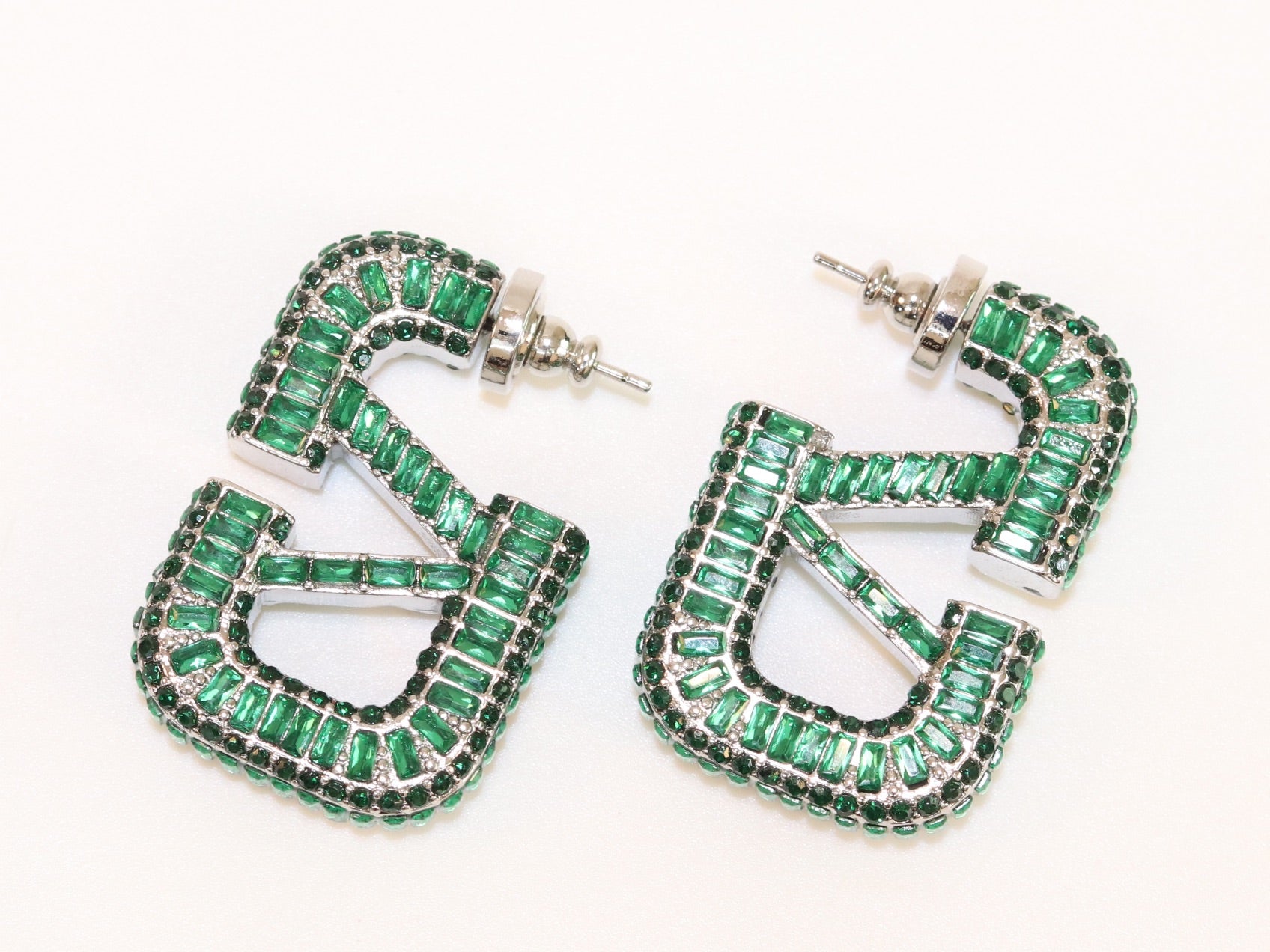 Alphabet V green Stone studded hoops