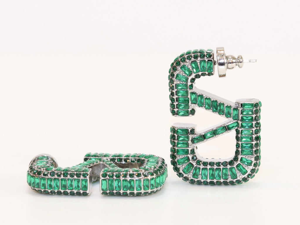 Alphabet V green Stone studded hoops