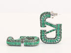 Alphabet V green Stone studded hoops