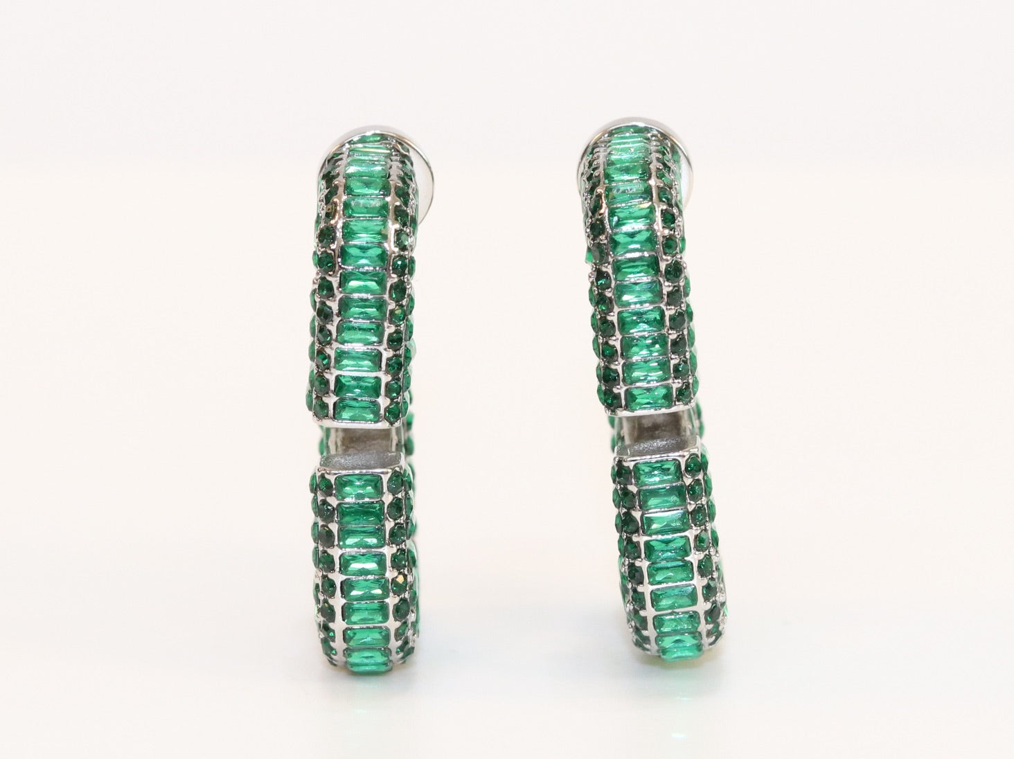Alphabet V green Stone studded hoops