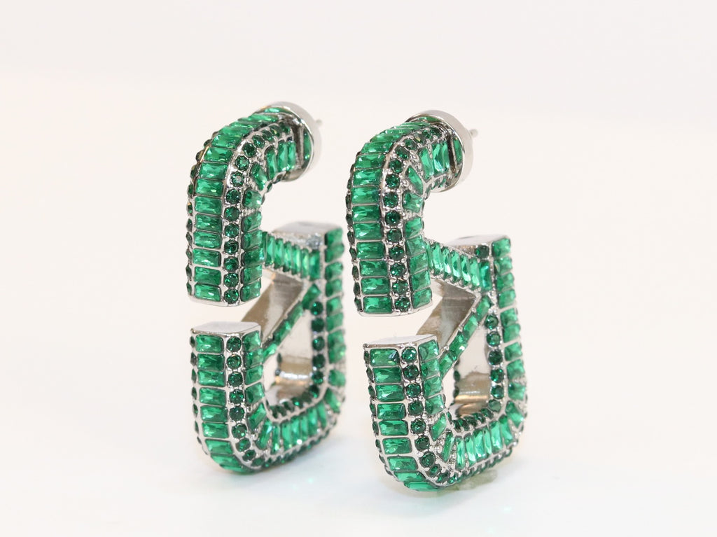 Alphabet V green Stone studded hoops