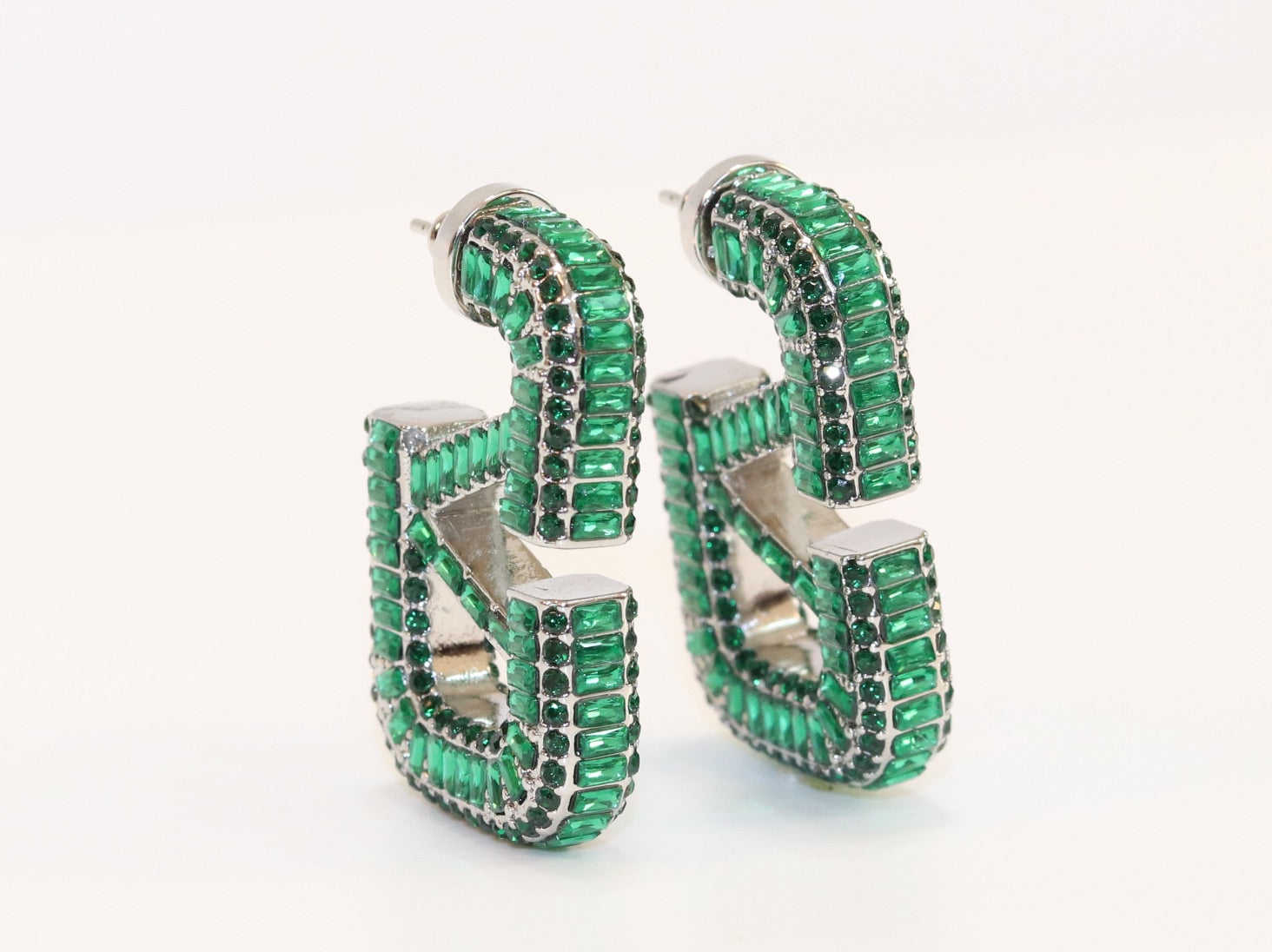 Alphabet V green Stone studded hoops