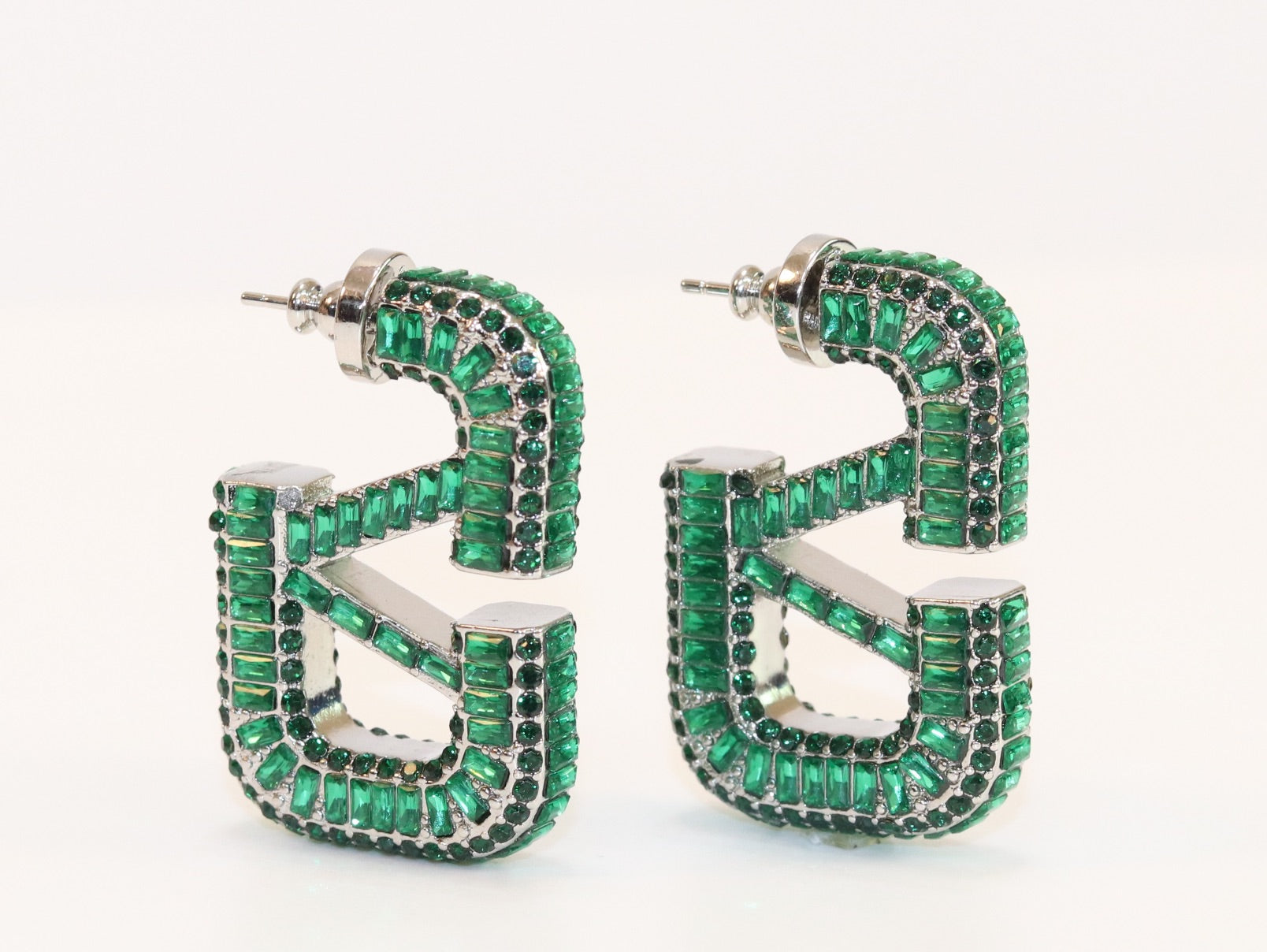 Alphabet V green Stone studded hoops