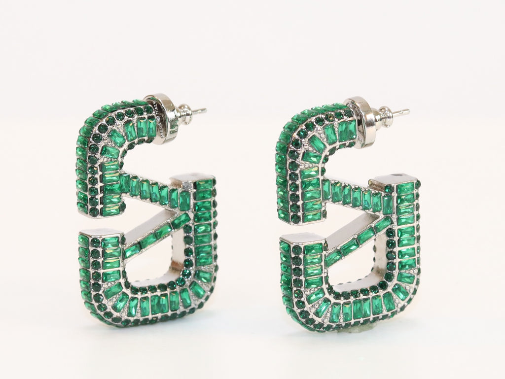 Alphabet V green Stone studded hoops
