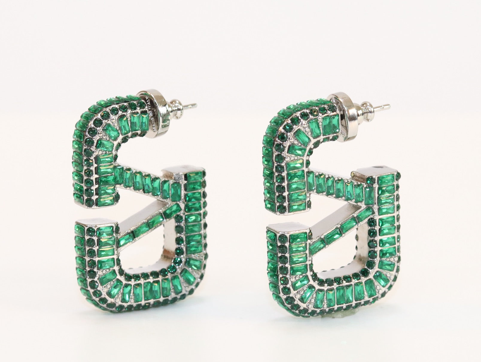 Alphabet V green Stone studded hoops