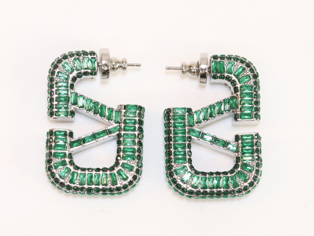 Alphabet V green Stone studded hoops