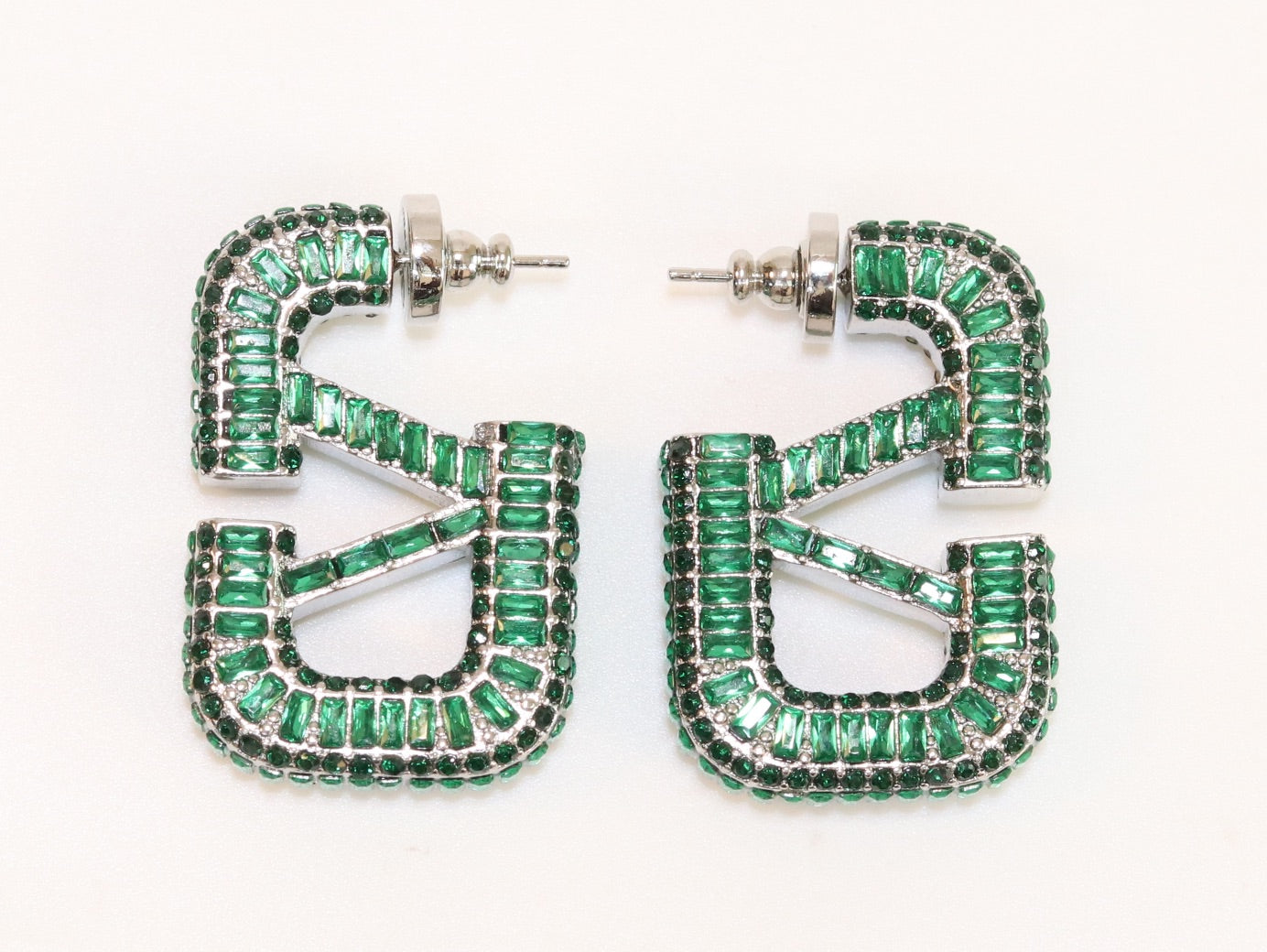 Alphabet V green Stone studded hoops