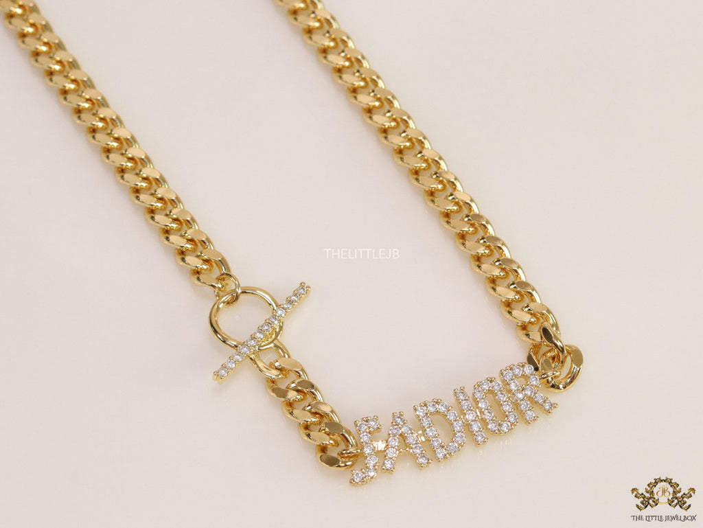 Chunky link chain necklace with cz alphabets