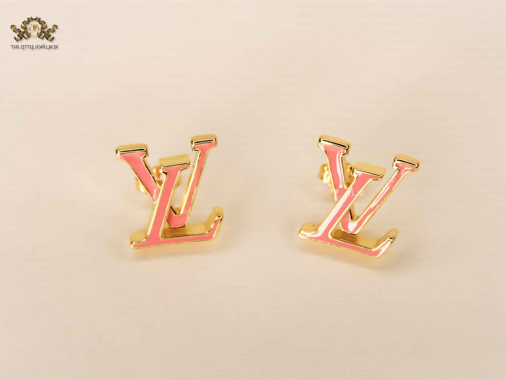 Alphabet LV Pink Enamel Stud Earrings