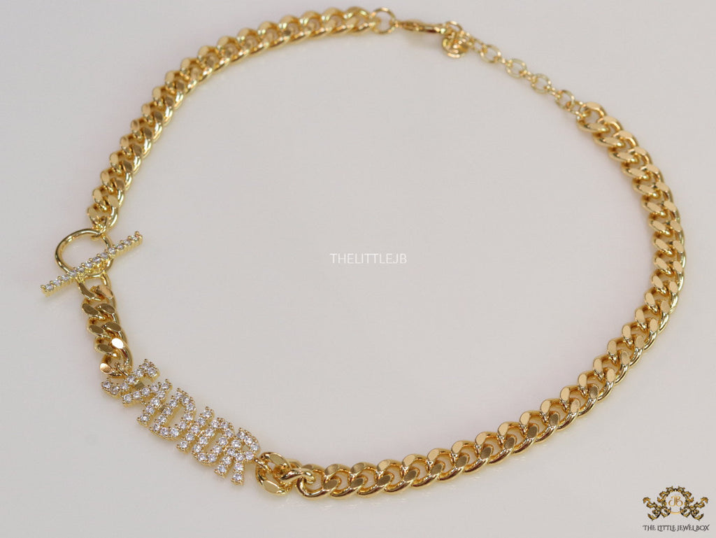 Chunky link chain necklace with cz alphabets