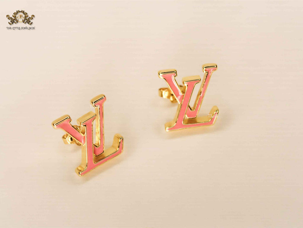 Alphabet LV Pink Enamel Stud Earrings