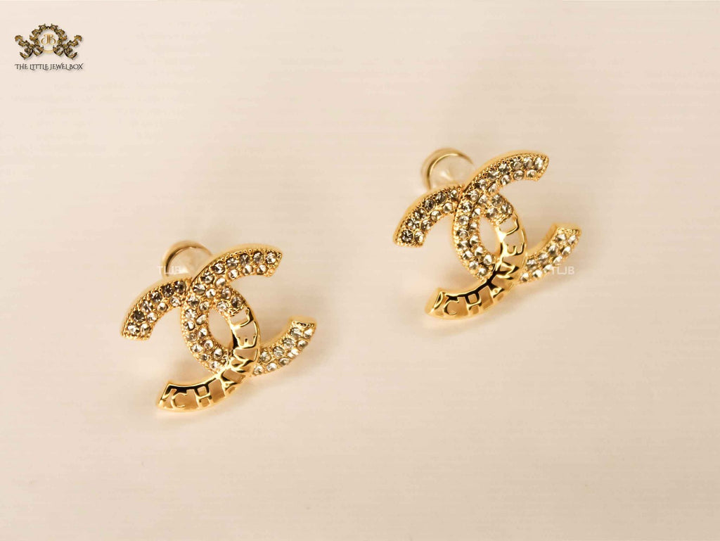 Double C Gold Crystal Stud Earrings
