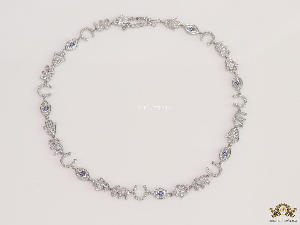 Choker style necklace with charms in platinum finish