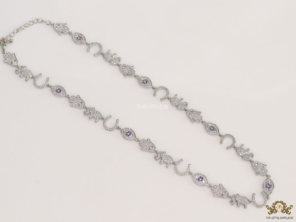 Choker style necklace with charms in platinum finish