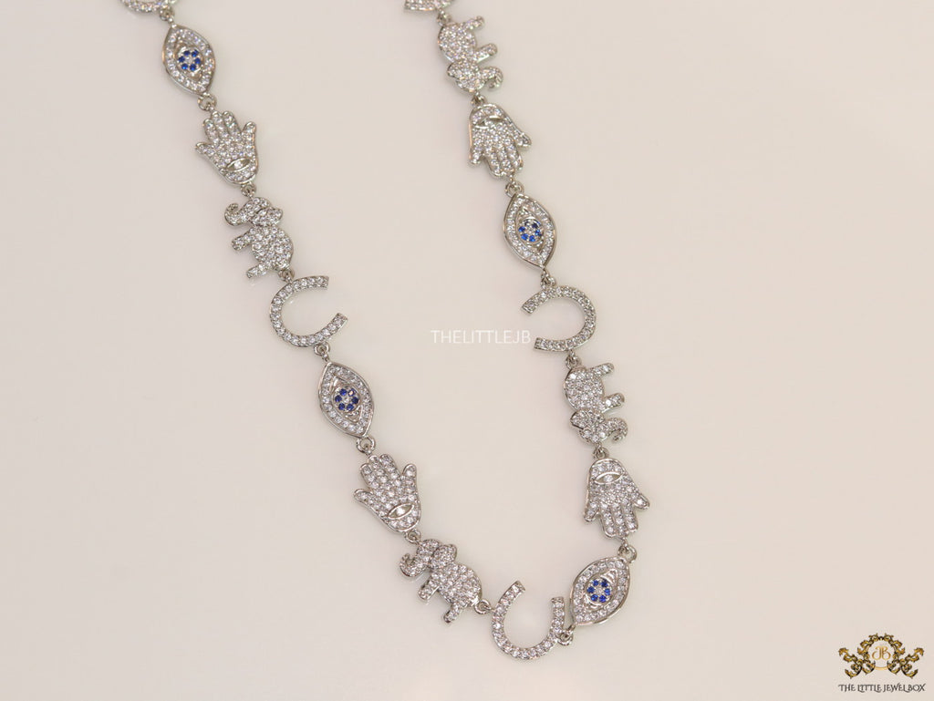 Choker style necklace with charms in platinum finish