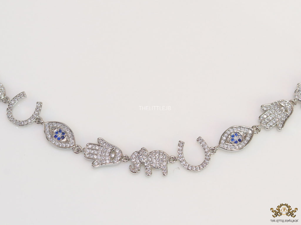 Choker style necklace with charms in platinum finish