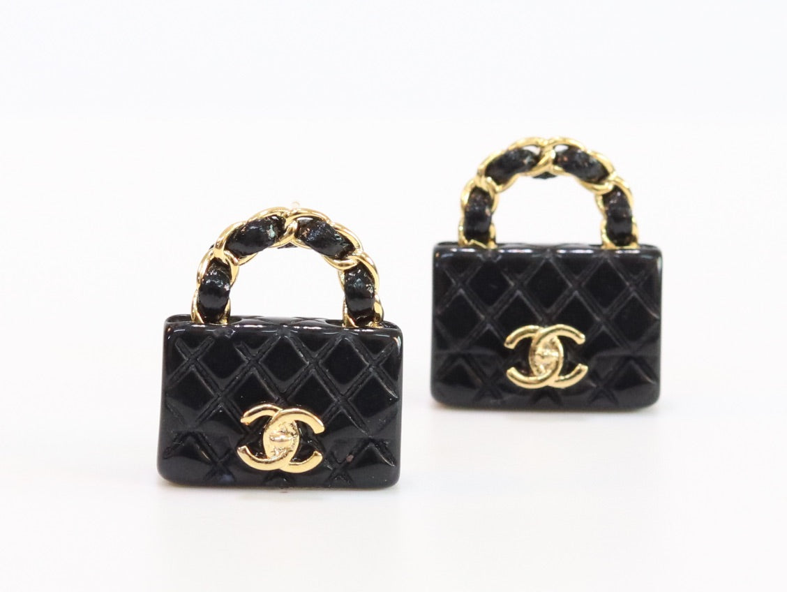 Black & gold double C purse earrings