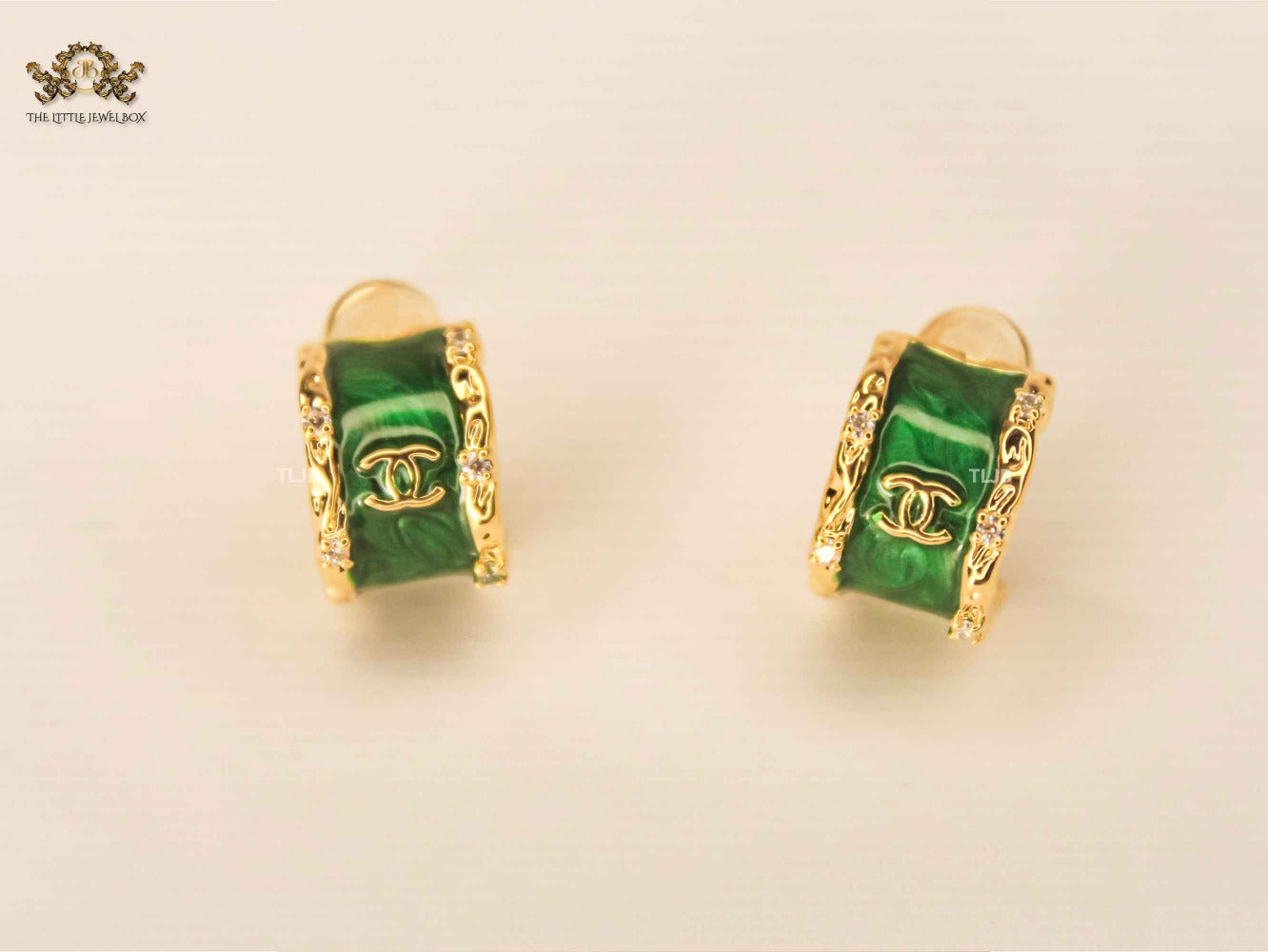 Double C Green Enamel Hoop Earrings