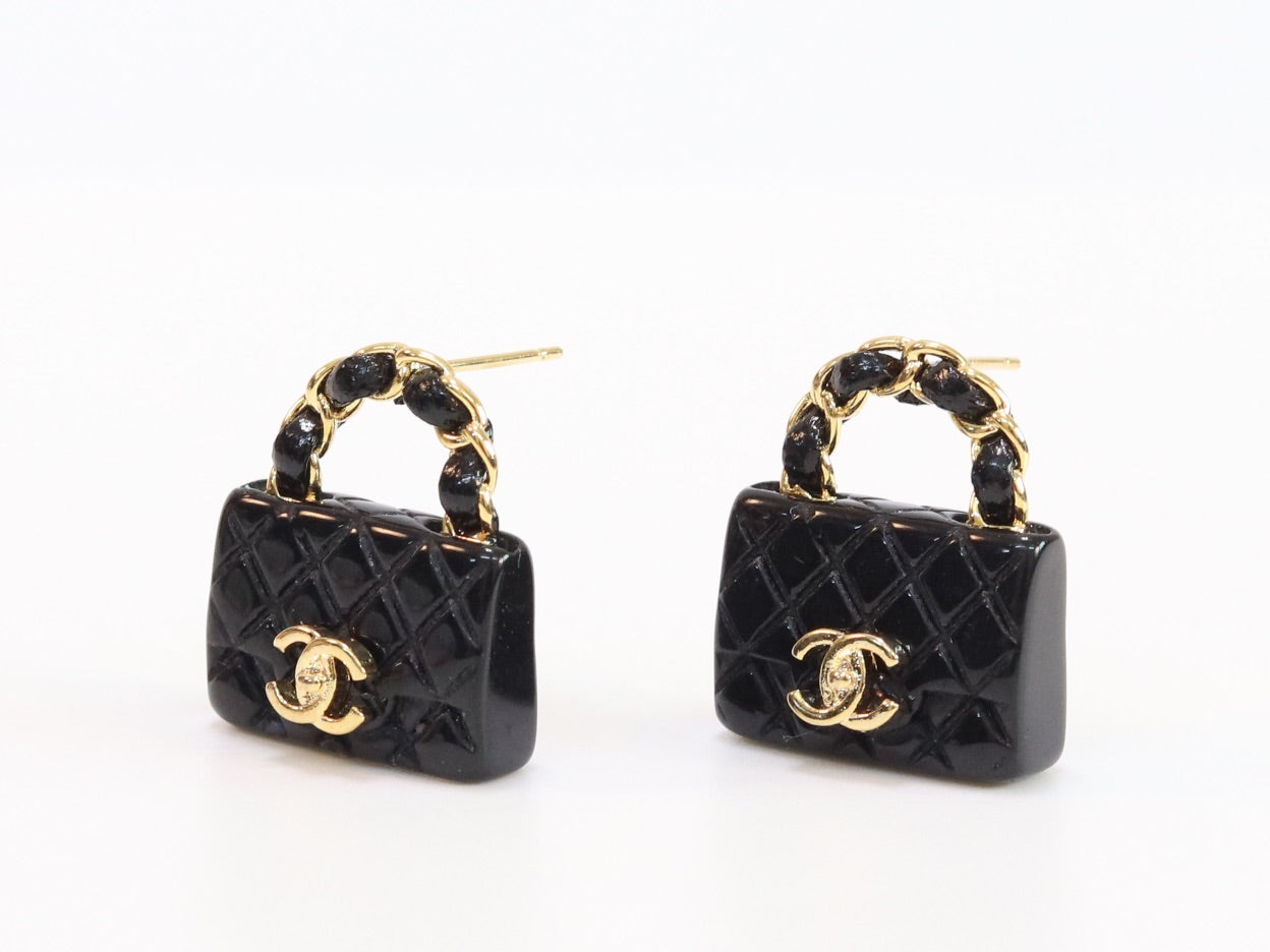 Black & gold double C purse earrings