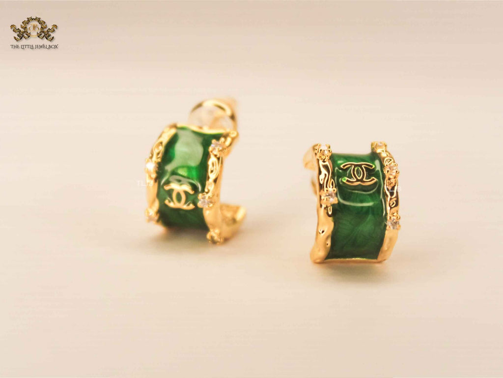 Double C Green Enamel Hoop Earrings