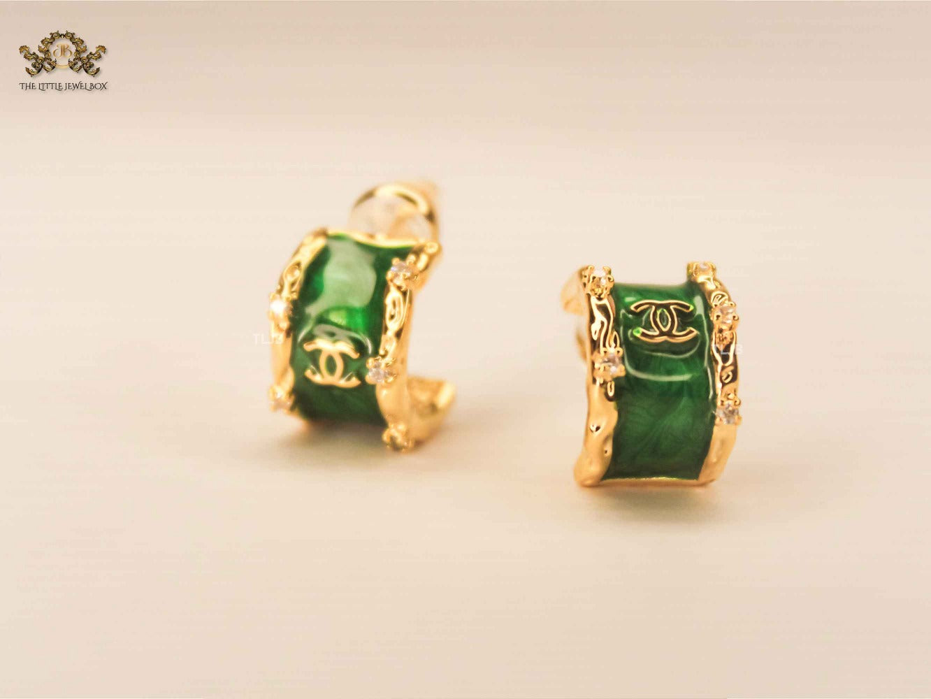 Double C Green Enamel Hoop Earrings